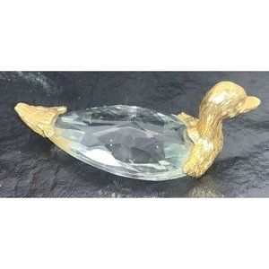 Small Duck Figurine Cut Teardrop Crystal Glass Body Head & Tail Gold Tone 3.5"